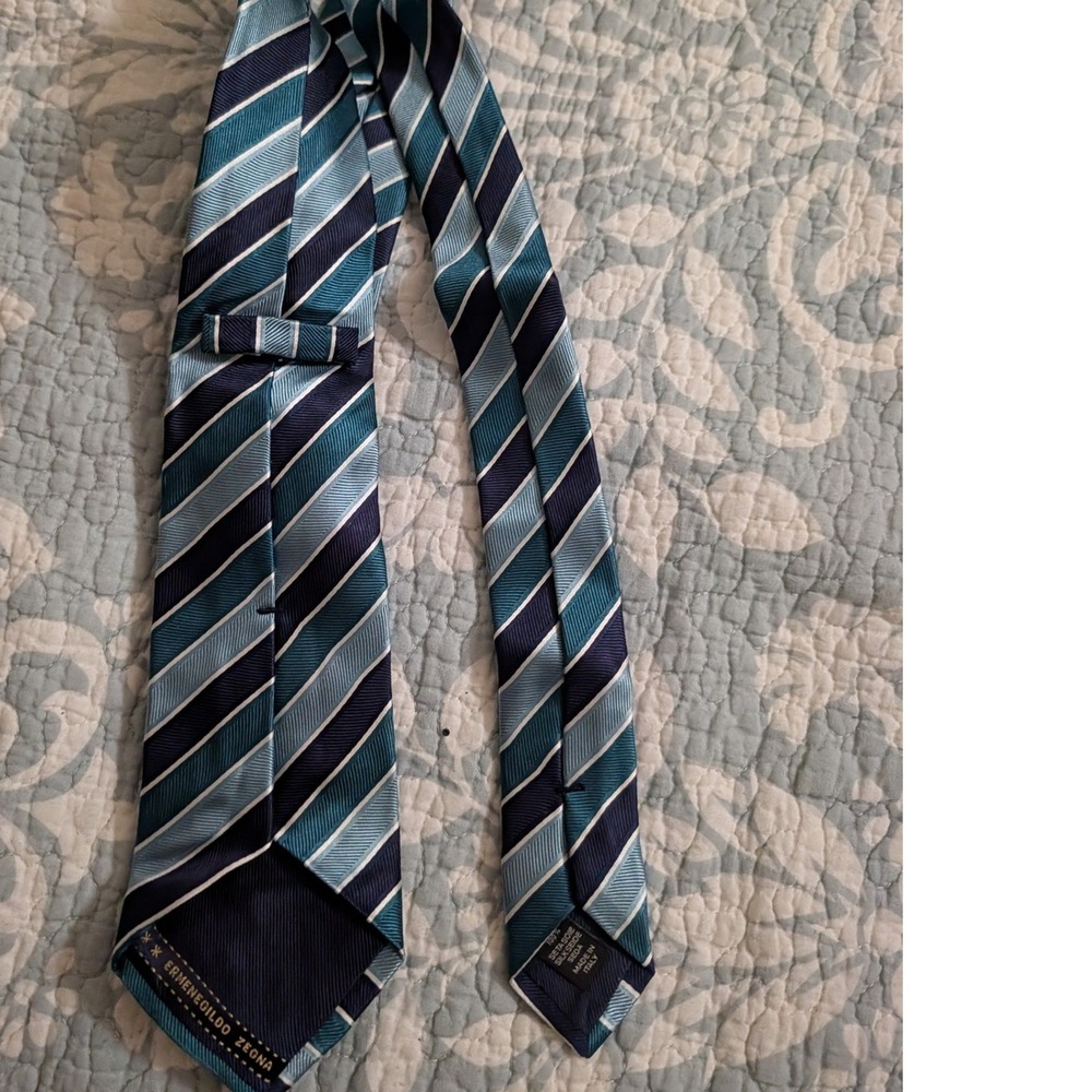 Ermenegildo Zegna Mens Silk Tie Teal Navy Blue White Diagonal Stripe Made Italy - Picture 2 of 4